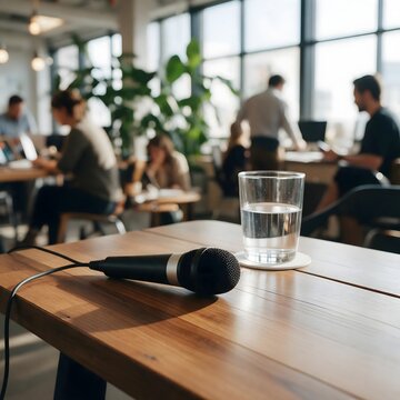 Professional meeting room with a microphone and glass of water on a conference table, surrounded by people working in a modern office