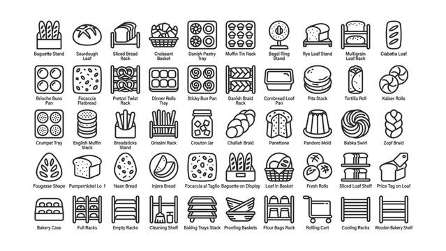Collection of black line icons depicting various bakery equipment and bread types with transparent backgrounds