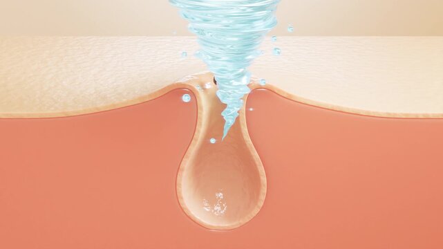 A translucent water vortex descends into a debris-filled pore in a skin cross section, draws the dark buildup upward and leaves the follicle empty.