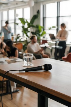 Professional meeting room with a microphone and glass of water on a conference table, surrounded by people working in a modern office