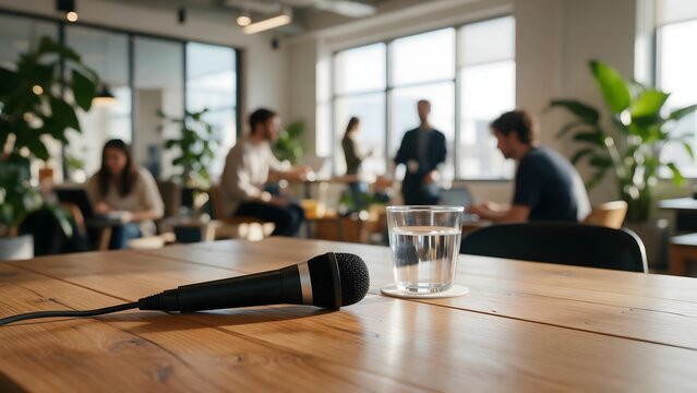 Professional meeting room with a microphone and glass of water on a conference table, surrounded by people working in a modern office