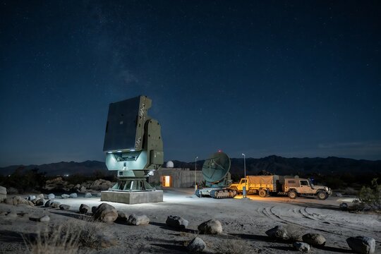 Military radar system deployed in a desert landscape under a starry night sky