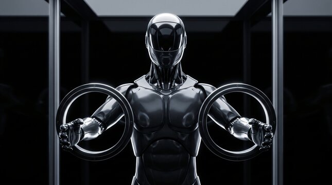 Front view of dark humanoid robot extending arms through containment glovebox port rings on pitch black background with rim lighting representing biohazard cleanroom and hazardous lab concept