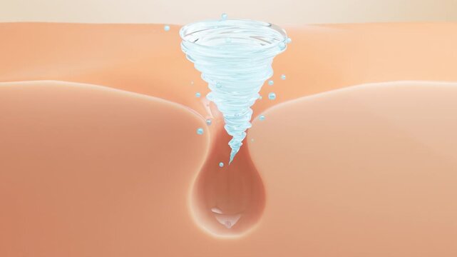 A translucent water vortex moves in from above and descends into a clogged pore, drawing dark particles upward and leaving the follicle empty in a fixed macro cross section.