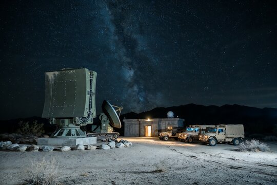 Military radar system and tactical vehicles at a desert base under a starry night sky