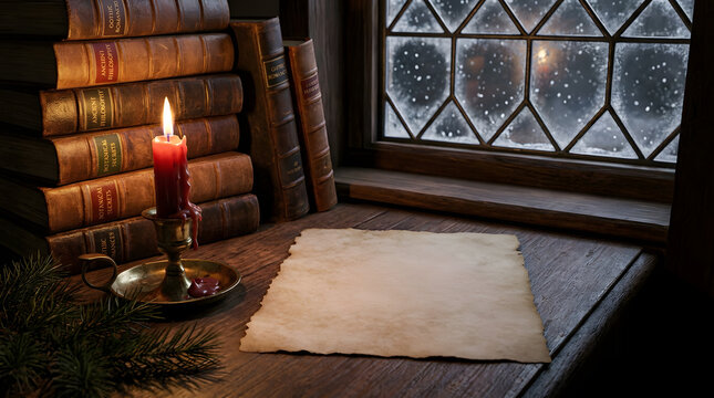 Cozy winter evening scene with a burning red candle, antique books, and a blank parchment scroll on a rustic wooden desk, perfect for holiday greetings or nostalgic storytelling.