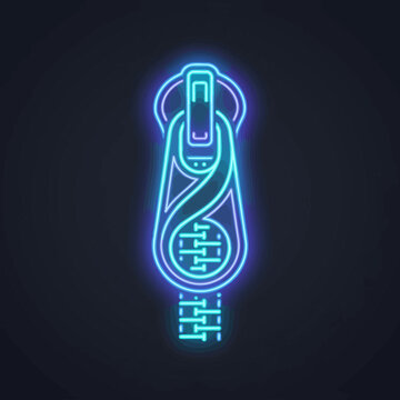Futuristic neon zipper icon in blue, glowing tech emblem vector illustration. Cyberpunk zip fastener symbol for app UI, logo, signage