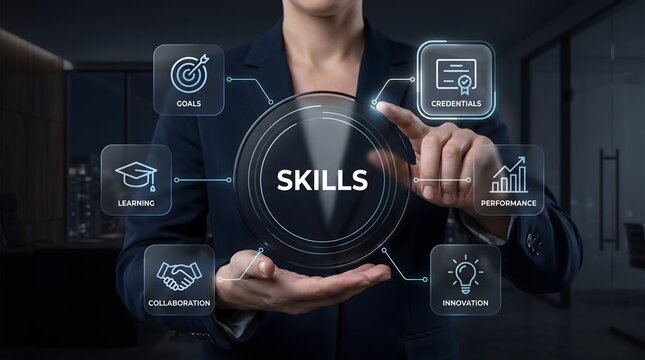 Business skills development and professional competency concept. Businessperson interacting with virtual interface displaying learning credentials and performance icons