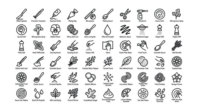 Collection of culinary tools and ingredients illustrated with transparent backgrounds for food photography and design projects