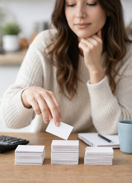 Young woman sorts blank cards into organized stacks at a home workspace, suggesting planning, organization, or decision making.