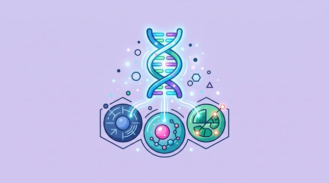 Genetically Modified Cells and DNA Icon with Molecular Elements on Pastel Background for Cellular Biotechnology Biomedical Research and Genetic Science