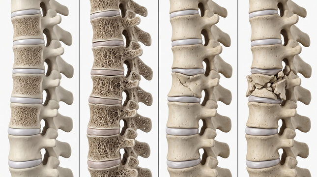 Medical comparison showing bone density loss and spinal fracture progression in four stages.