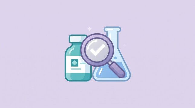 Medicine Bottle Icon with Quality Control Checkmark Laboratory Flask and Inspection Magnifier on Pastel Background for Pharmaceutical Manufacturing and Safety