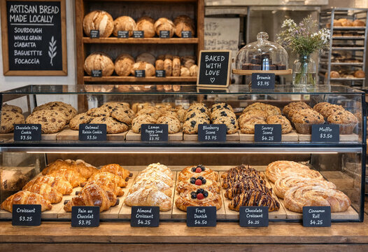 Warm bakery display invites customers with fresh pastries