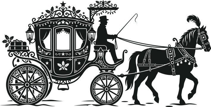 Silhouette of a horse drawn carriage with a coachman against a white background depicts classic transportation coach horsedrawn