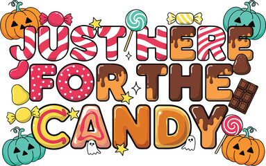 Fototapeta premium Colorful Halloween candy text with lollipops and jack-o'-lanterns