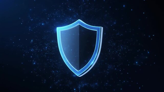 Glowing digital shield icon with a dark blue background, representing cybersecurity, data protection, and secure online privacy in a futuristic network environment