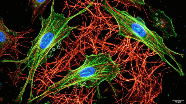 Fibroblast cells producing collagen fibers under a fluorescence microscope view.