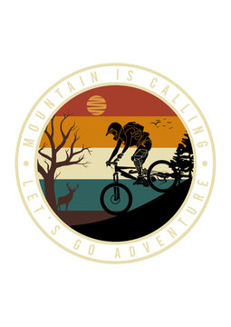 Mountain is calling retro vintage mountain bike emblem badge illustration