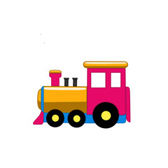 Flat vector illustration of a cute colorful toy train locomotive with pink cabin, yellow boiler, and black wheels. Side view isolated on black background. Concept for kids, transportation, children ed © Darca