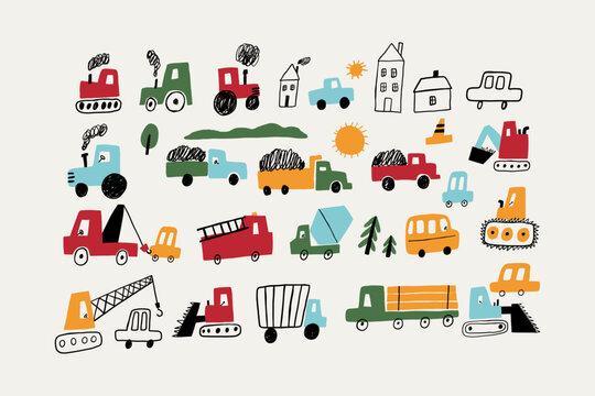 Cute little cars, truck. Cartoon cars adventures. Doodle hand drawn vector illustrations isolated on white background