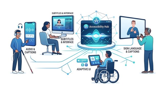Illustration showing digital accessibility features for inclusive technology and user interface design.