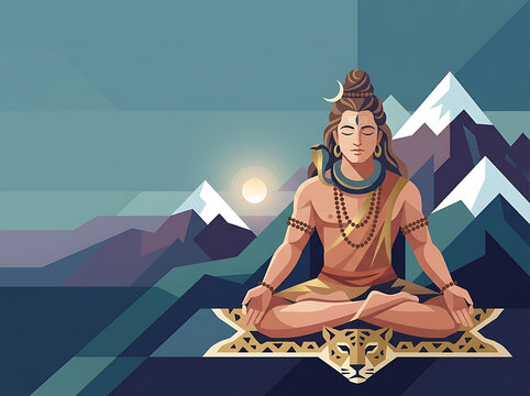Lord Shiva meditating in lotus position on tiger skin in Himalayas