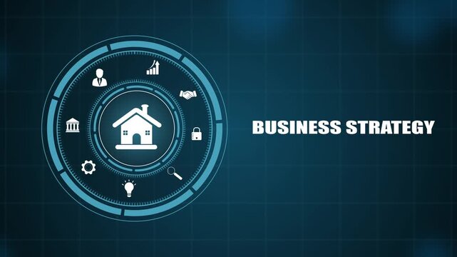 Business strategy technology concept with futuristic circular hud interface, digital corporate planning and work connection network, visual modern graphics animation