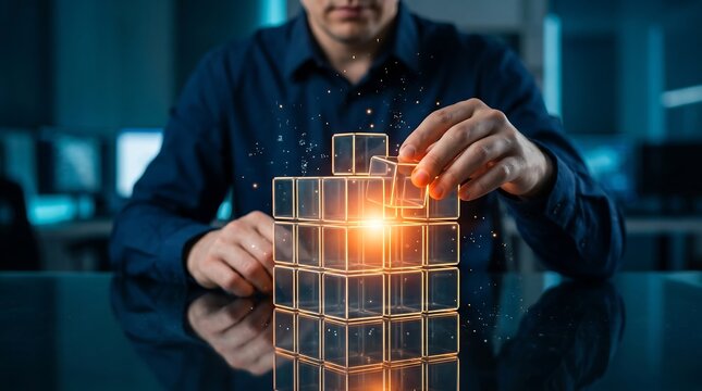 Businessman assembling glowing holographic cubes representing data integration and strategic business development in professional dark office environment with digital background