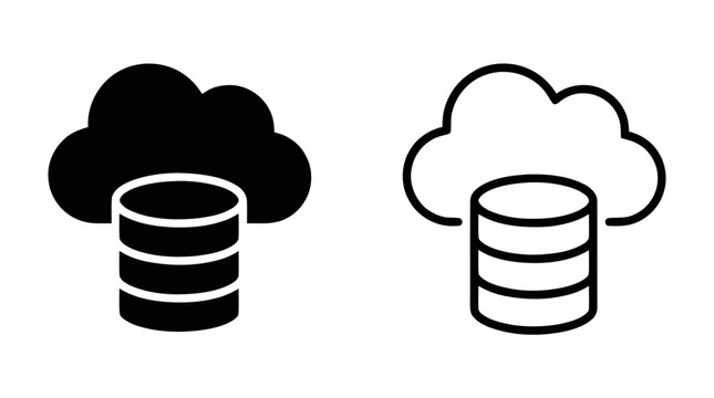 Vector illustration of cloud database server icons in solid and outline style on a transparent background