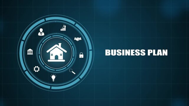 Business plan technology concept with futuristic circular hud interface, digital corporate strategy and work connection network, visual modern graphics animation