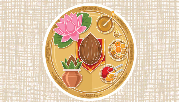 Traditional Indian puja thali vector illustration with coconut, sweets, lotus flower, and oil lamp