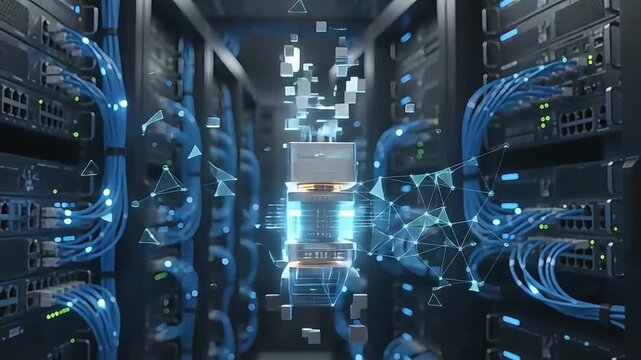 Digital data center with glowing blue network cables and servers, symbolizing connectivity and technology