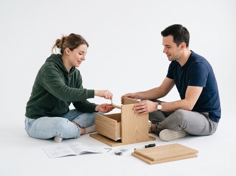 Young couple assembling wooden furniture together, sitting on the floor, using tools and instructions to build a drawer unit, isolated on white background