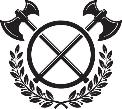 Emblem with crossed battle axes and laurel wreath frame battle axe black and white heraldic medieval illustration