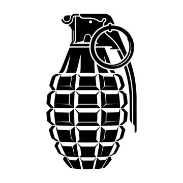 Black silhouette of a fragmentation hand grenade on a white isolated background