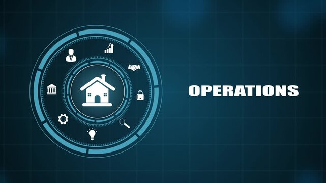 Real estate operations management hud interface animation, futuristic home buying and property technology concept background, digital housing system loop