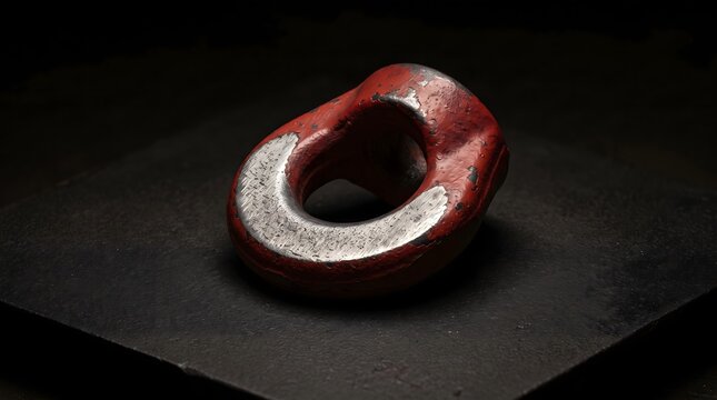 A weathered forged steel lifting eye bearing the scars of immense tension, symbolizing enduring resilience under the crushing weight of relentless labor.