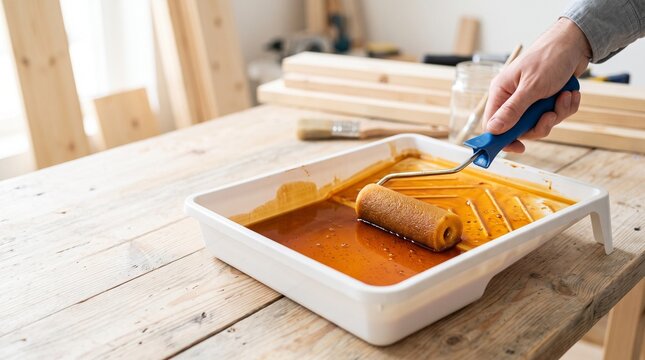Hand dipping foam roller into wood stain, preparing for a deck staining project