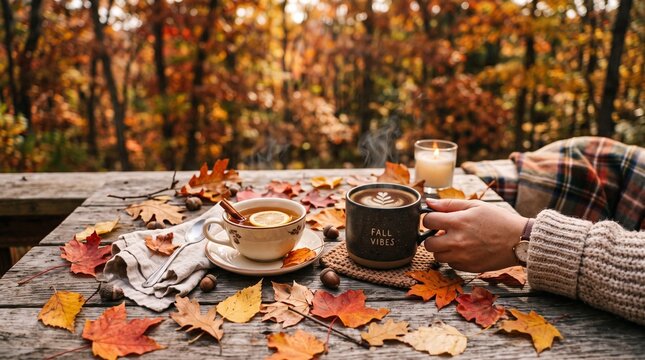 autumn leaves Warm fall coffee ritual amidst rustling white background