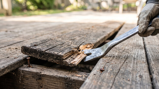 Gloved Hand Removing Old Damaged Deck Board with Pry Bar for Renovation