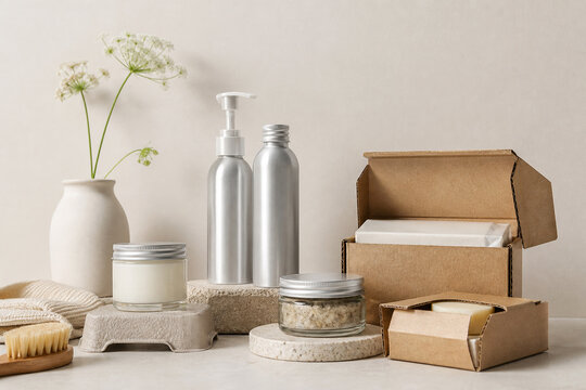 Minimal Sustainable Packaging Still Life with Aluminum Refillable Bottles, Glass Jars, Kraft Soap Boxes, Compostable Fiber Trays, and Natural Home Goods