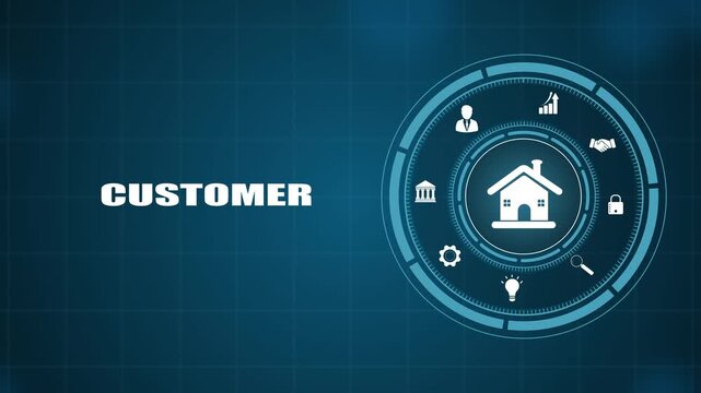 Real estate customer concept with housing HUD icon on dark background, high tech digital property client relation visual, smart home business network graphic