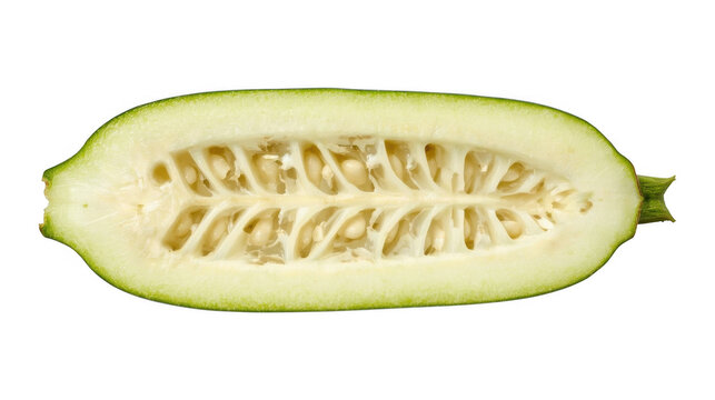 Sliced green fruit with a hollow center and segmented flesh displayed on a neutral background.