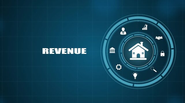 Real estate revenue concept with housing HUD icon on dark background, high tech digital property investment visual, smart home business network graphic