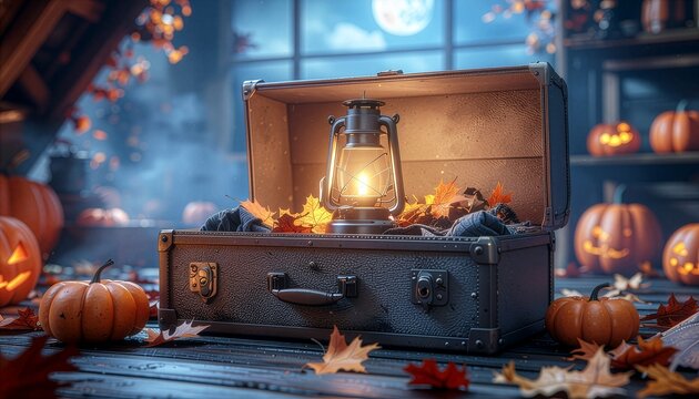 Lantern in a vintage suitcase with pumpkins and autumn leaves at night