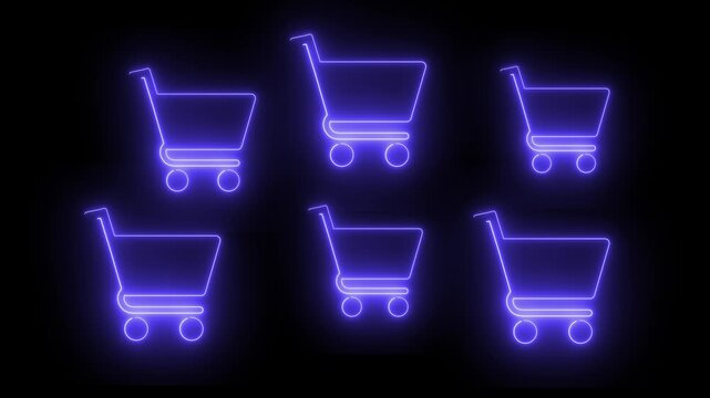 Neon shopping carts animation, glowing blue on dark backdrop