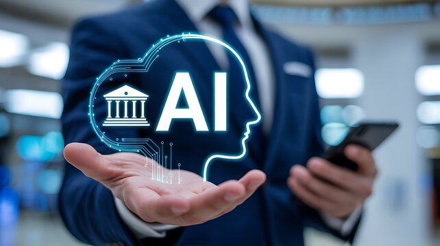 Businessman Holding AI Head Icon with Digital Brain Symbol