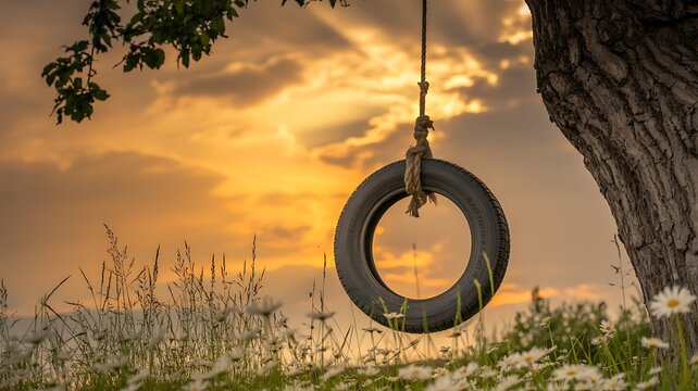 Tire Swing Hanging from Tree at Golden Sunset
