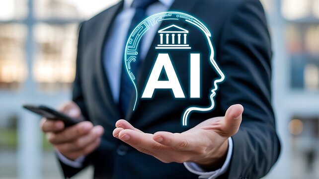 Businessman holding a futuristic AI and banking icon hologram with smartphone in office